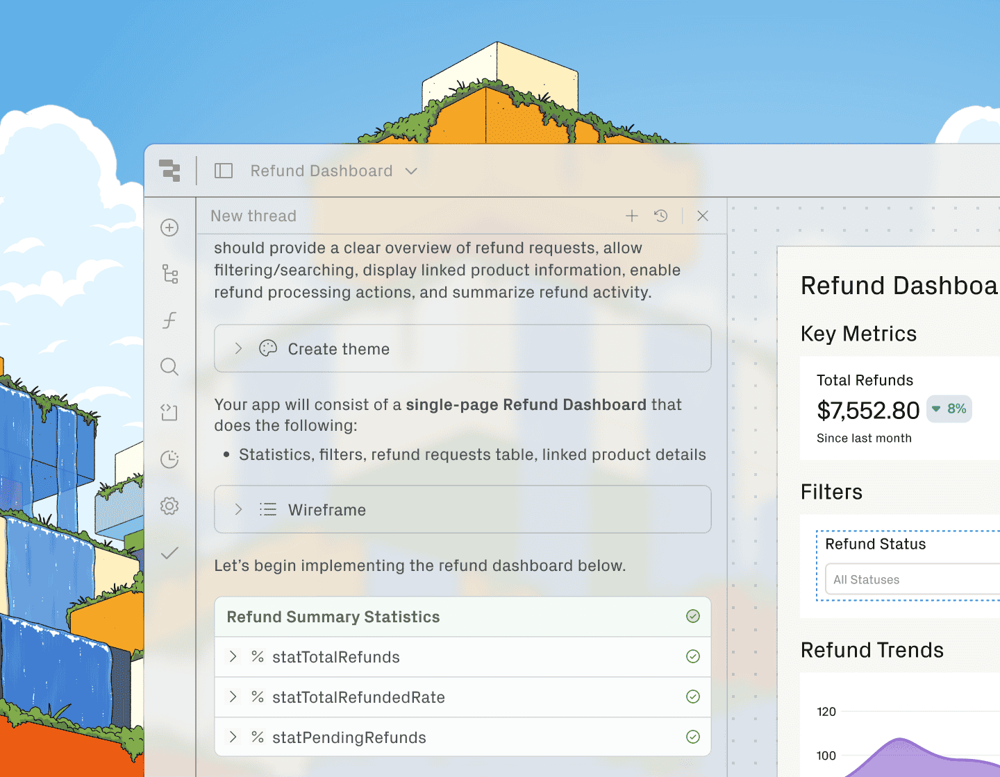 A screen of the Retool app over the top of an illustration of a lush app layer dreamscape.