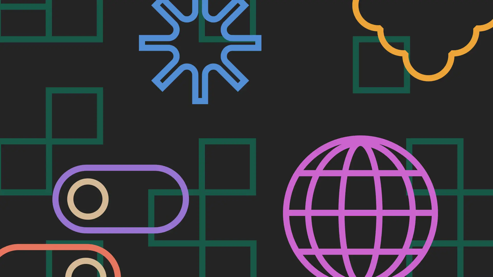 Stylized digital background with outlines of a starburst, cloud, globe, and toggle switches.