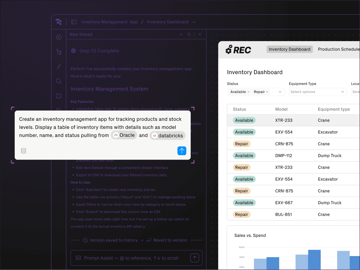 Retool app showing a manufacturing inventory dashboard