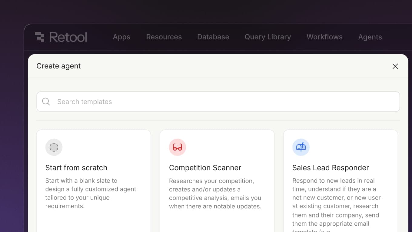 Retool UI showing library of available agents to use