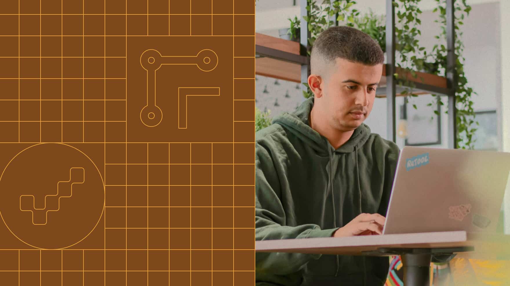 A split image: the left side shows orange grid patterns with circuit-like icons; right side shows two men, one seated with glasses, typing on a laptop, and the other standing.