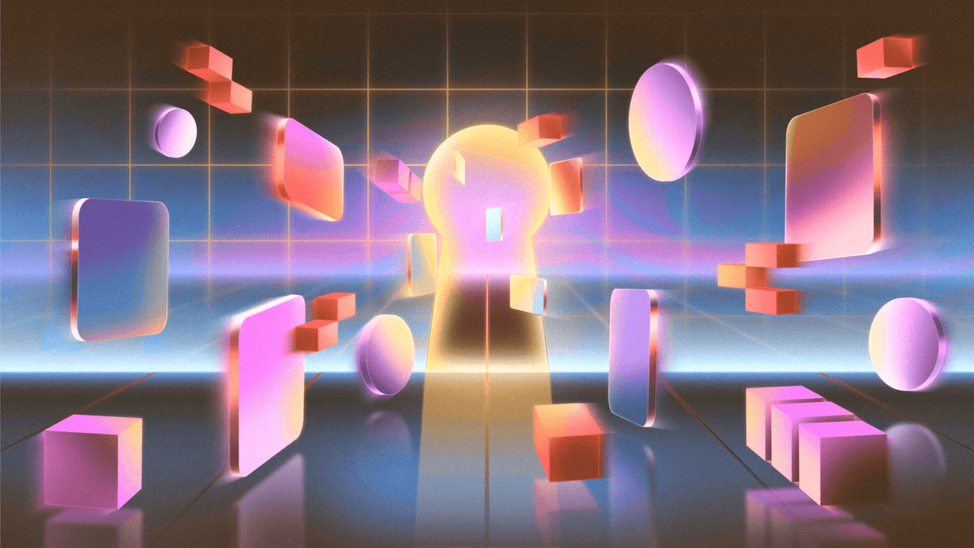 A glowing keyhole in a digital grid environment, surrounded by floating holographic geometric shapes.