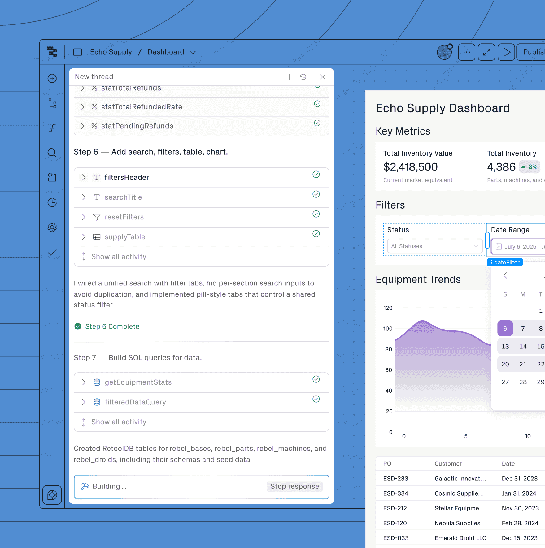 Product screenshots demonstrating how to build Retool apps with AI