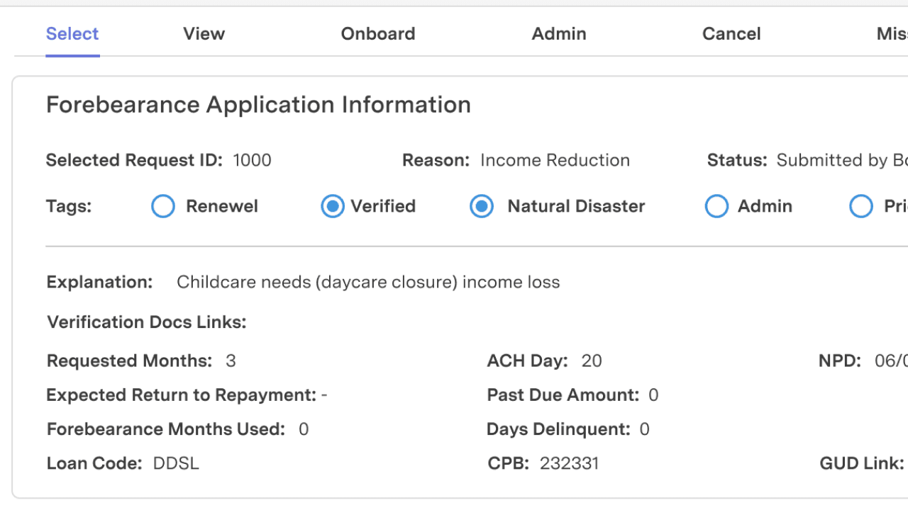 Forbearance application processor